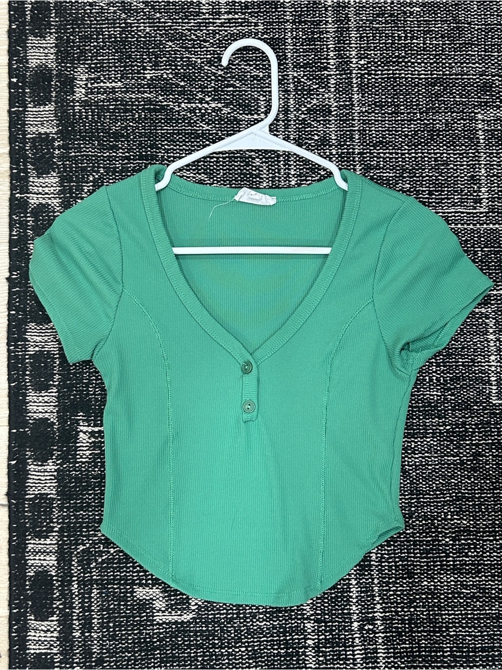 Urban Outfitters Mint Green Ribbed V-Neck Button Tee
